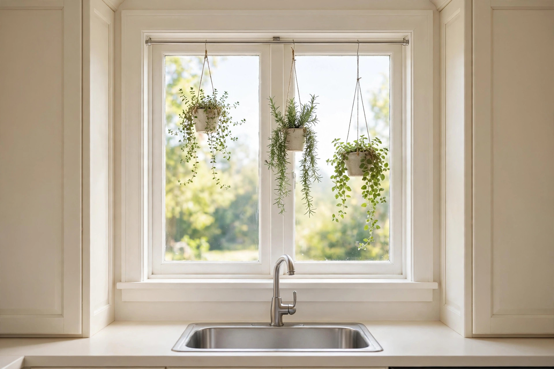 Three herb planters hanging from a tension rod across the top of a kitchen window, sill clear above the sink
