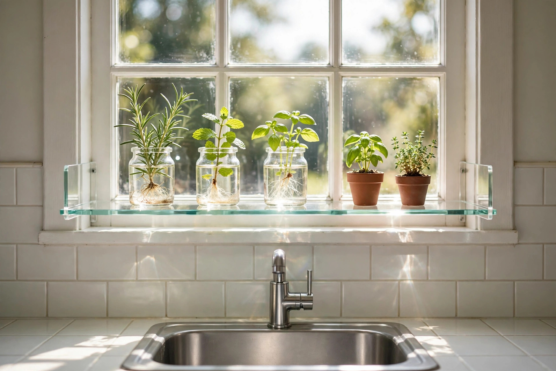 Clear glass shelf across a kitchen window holding jars of herb cuttings rooting in water and two small pots