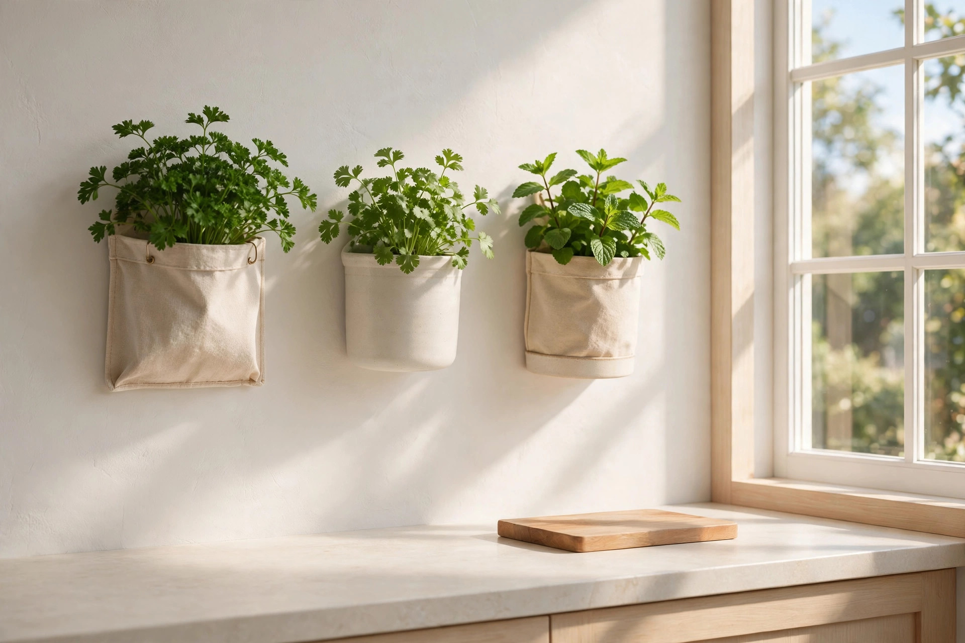 Three canvas wall pocket planters with parsley, cilantro and mint on the wall beside a bright kitchen window