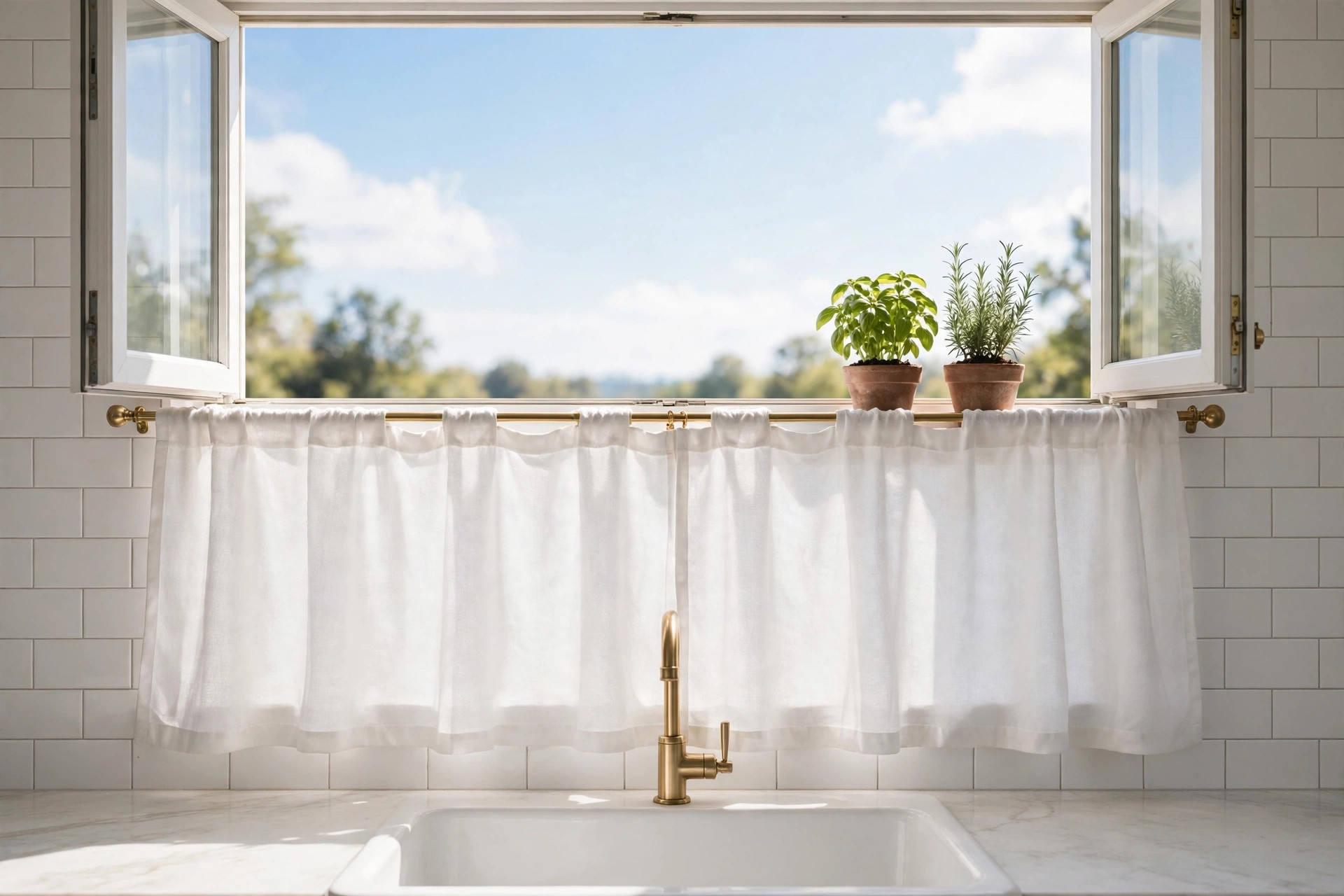 White cafe curtain covering the lower half of a kitchen window, open glass and sky above, herbs on the sill