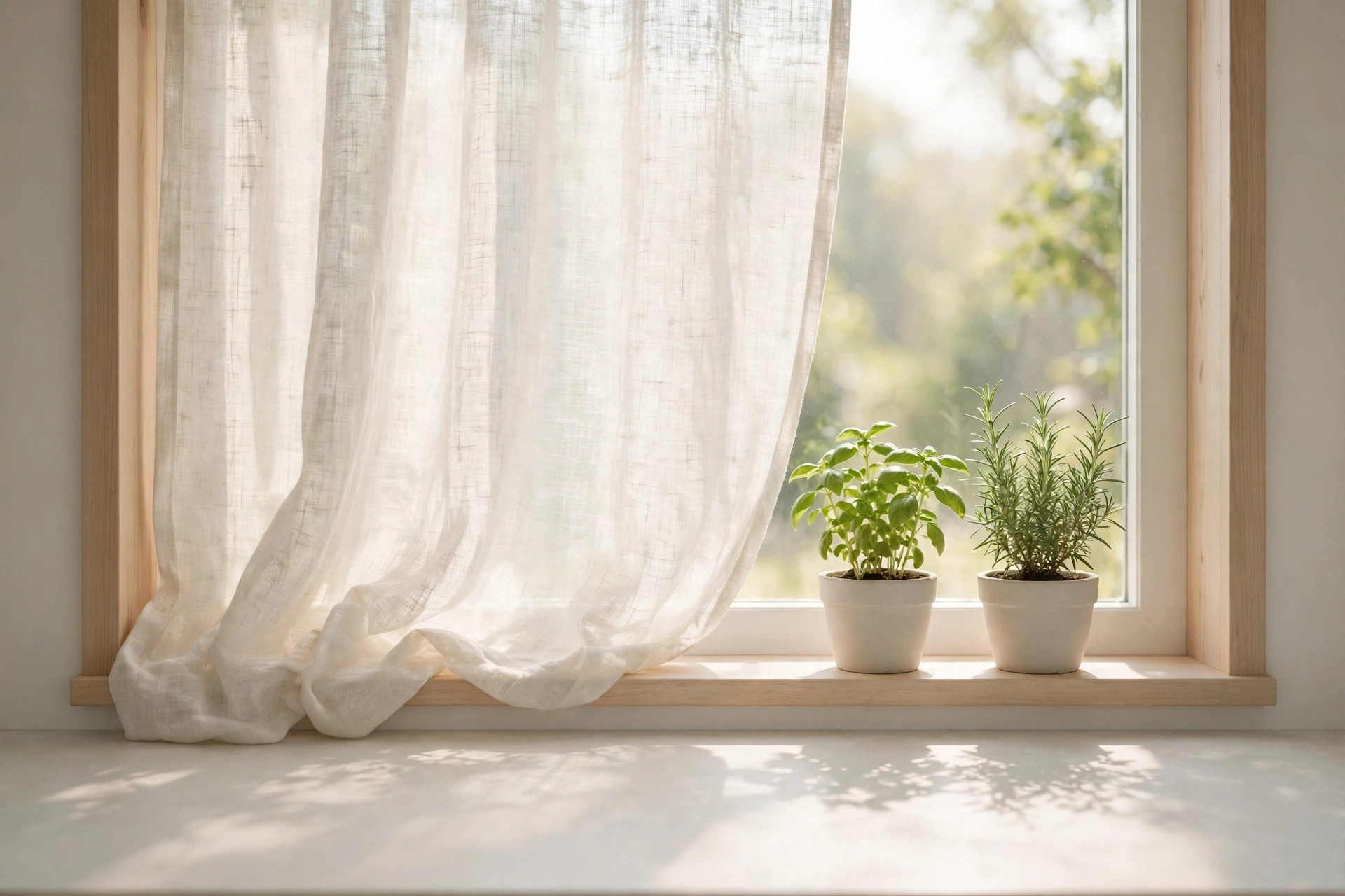 Sheer linen curtain softening sunlight at a kitchen window, two herb pots glowing on the sill