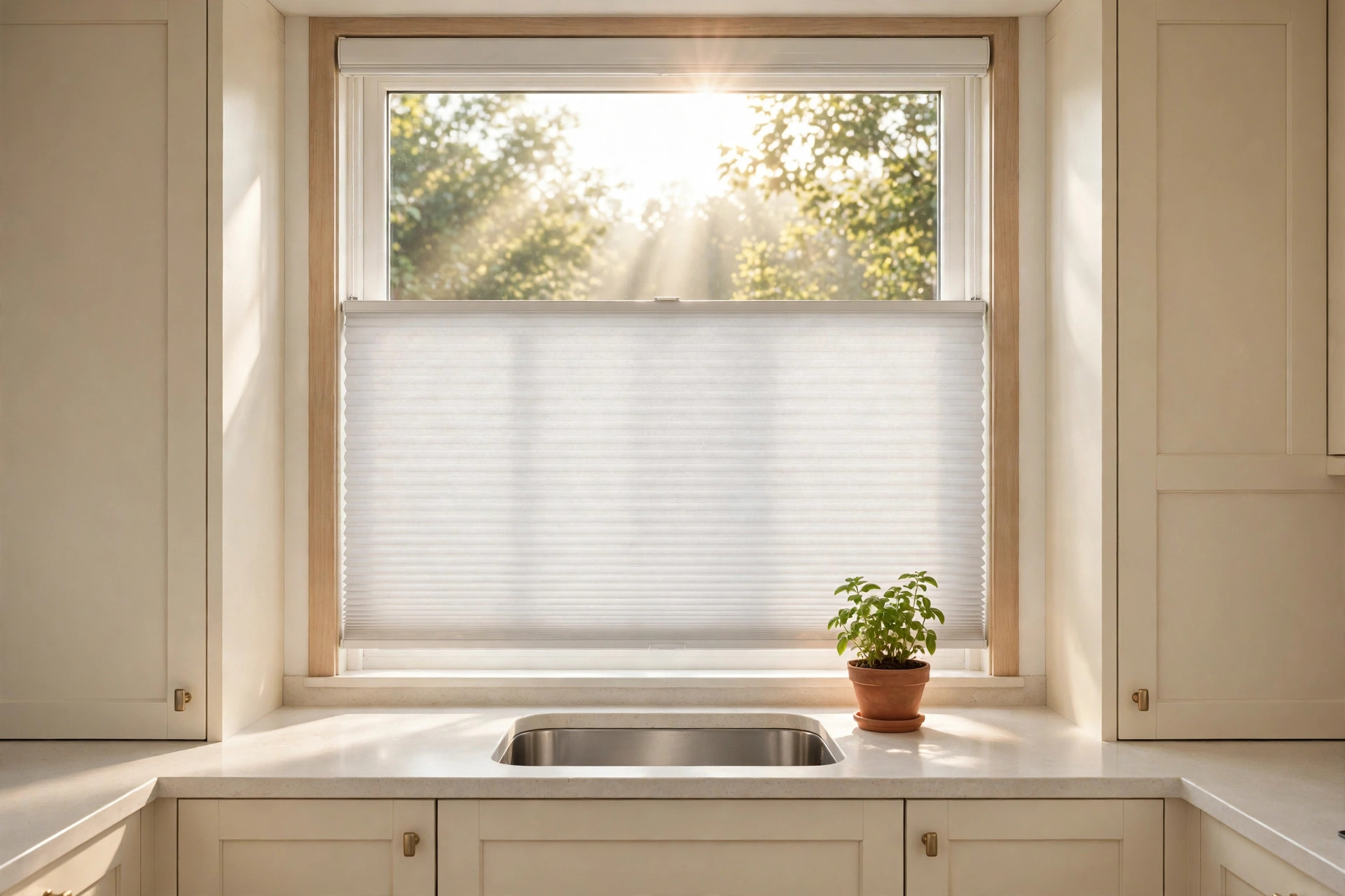 Top-down bottom-up cellular shade lowered from the top of a kitchen window, sunlight streaming over it