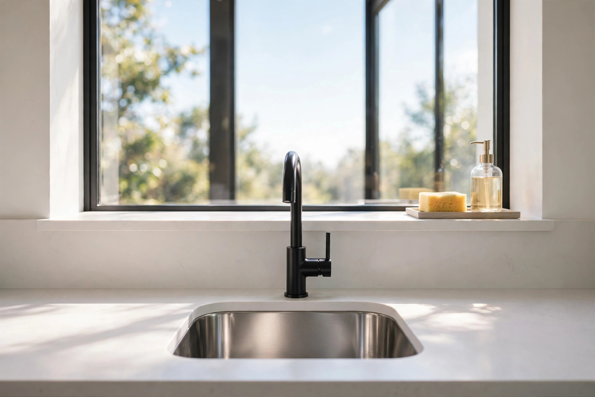 Nearly bare kitchen windowsill with one slim tray holding a sponge and soap at the far end, faucet in the middle