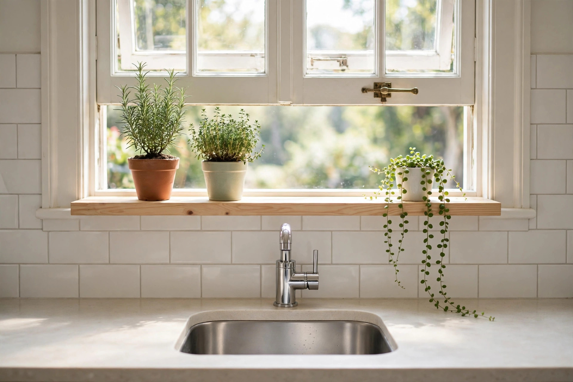 Narrow wood shelf spanning the base of a kitchen window over the sink, holding herb pots and a trailing plant