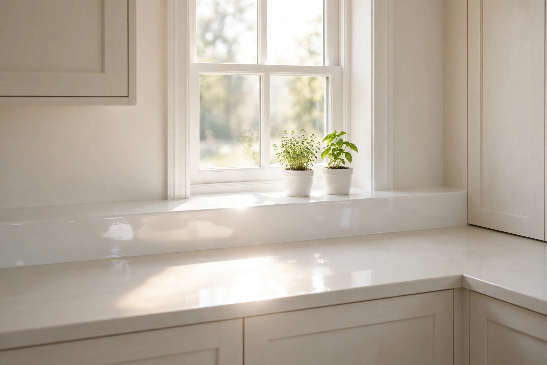Glossy white painted windowsill bouncing sunlight onto a pale kitchen counter, two white herb pots on the sill