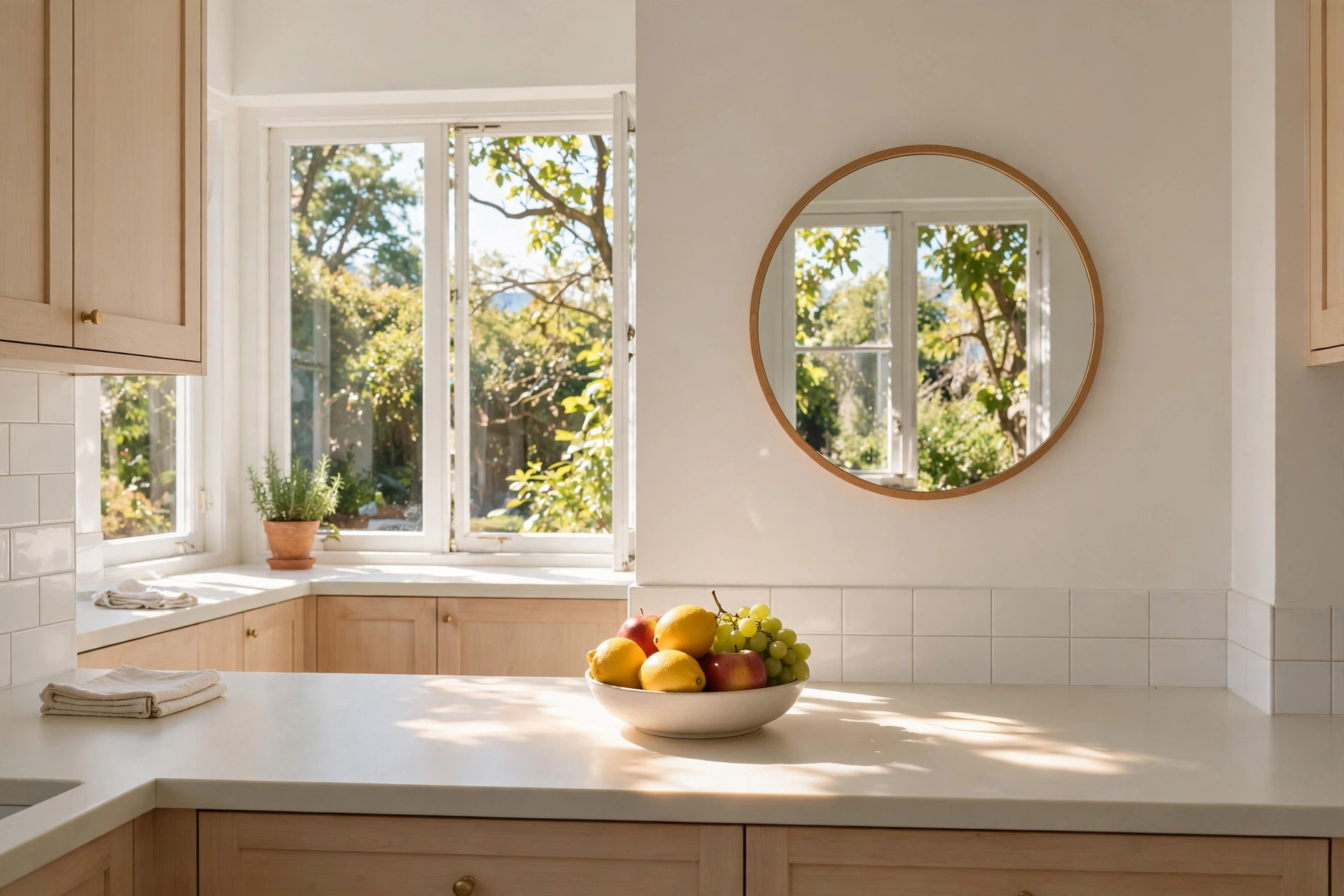Round wood-framed mirror on a kitchen wall reflecting the window and garden greenery back into the room