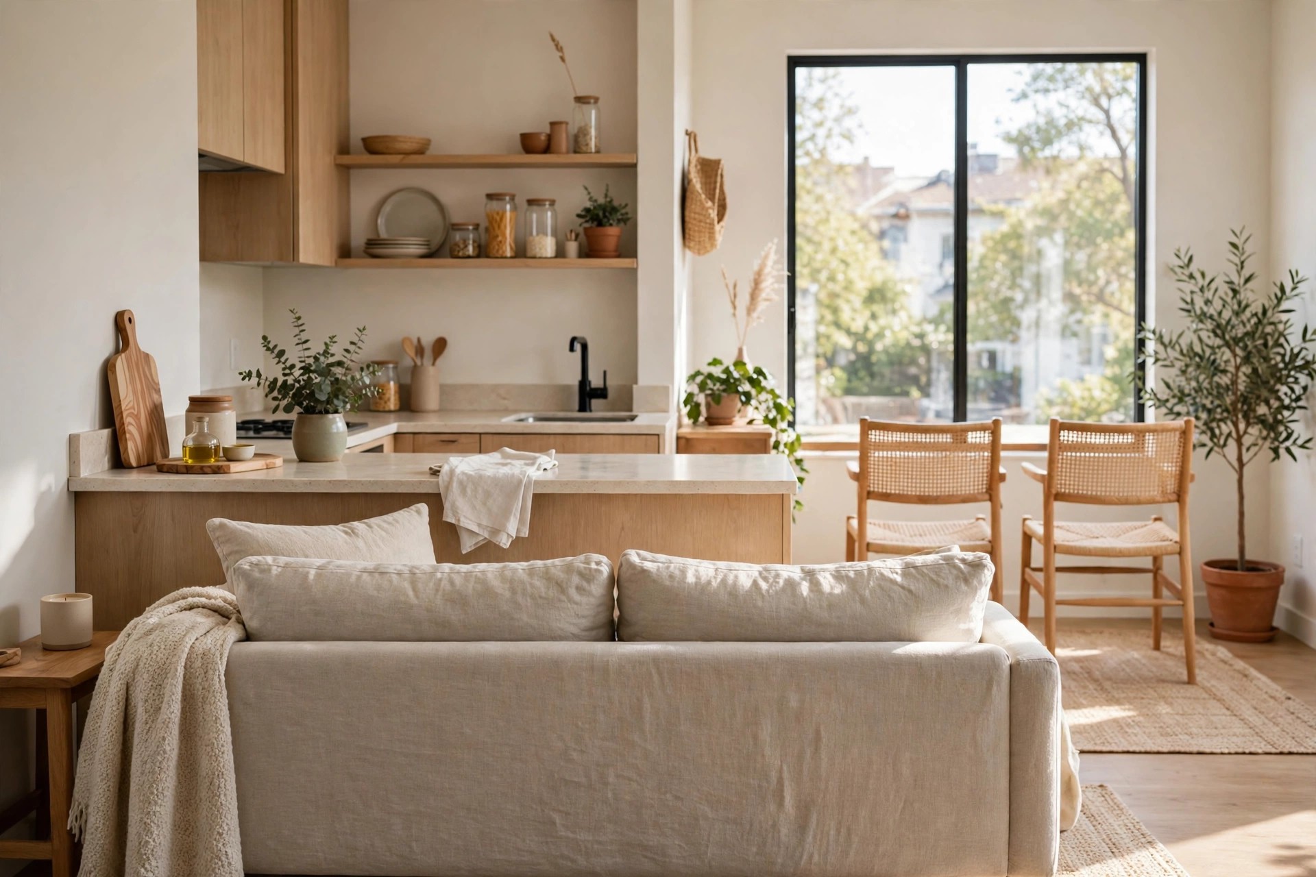 Beige sofa seen from behind facing away from a kitchen counter toward a large window