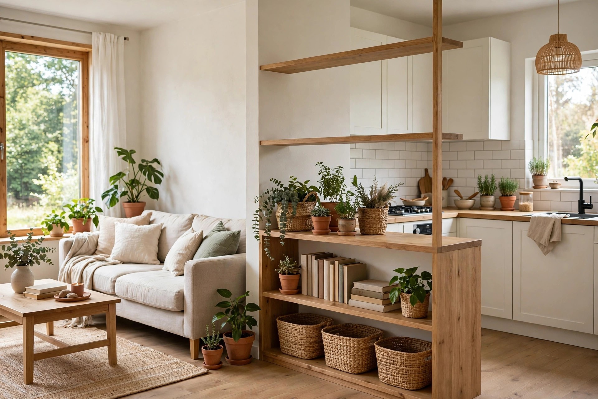 Low wooden shelf with books, baskets and plants dividing a sofa area from a white kitchen