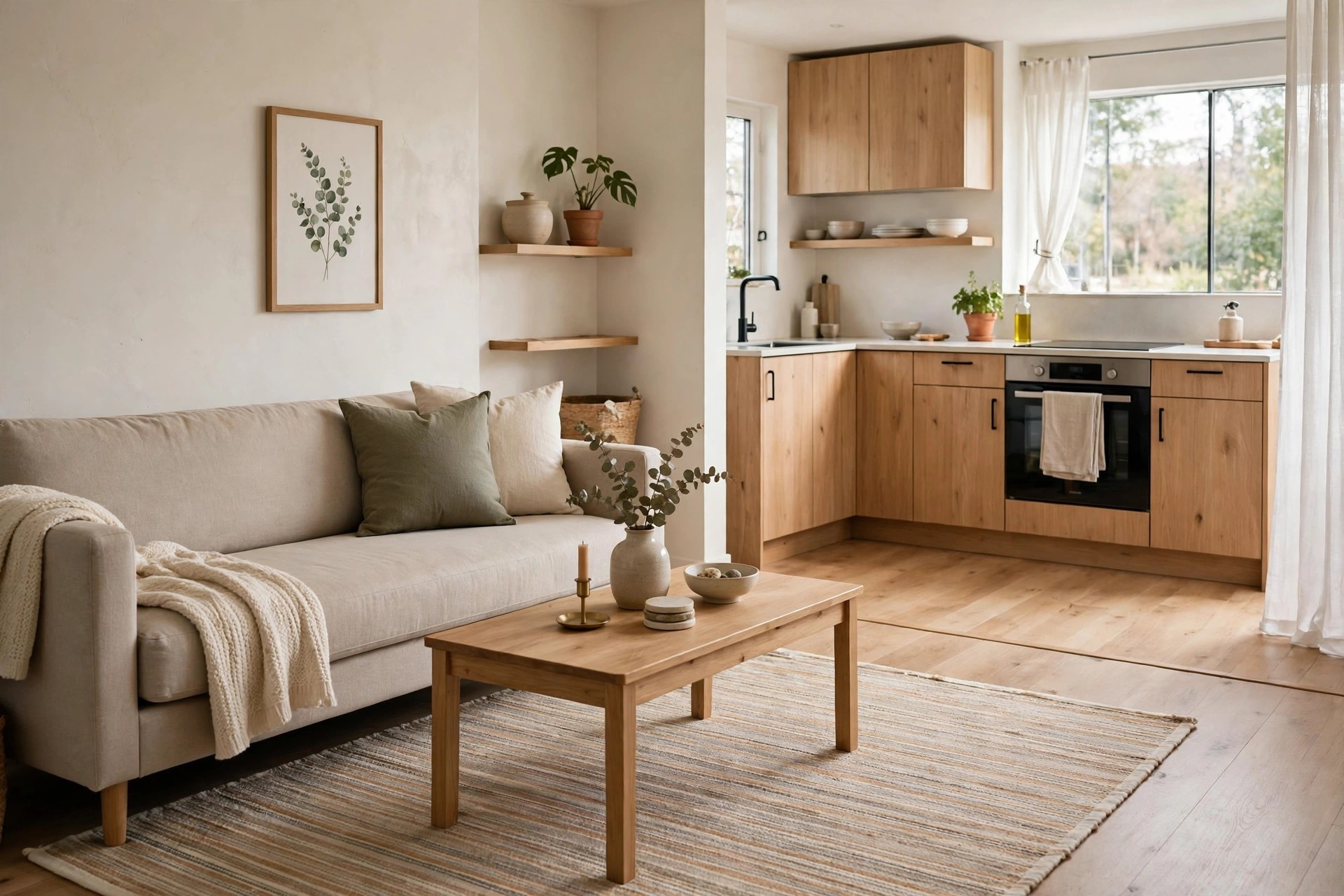 Beige sofa and wooden coffee table on a striped rug beside a wood floored open kitchen