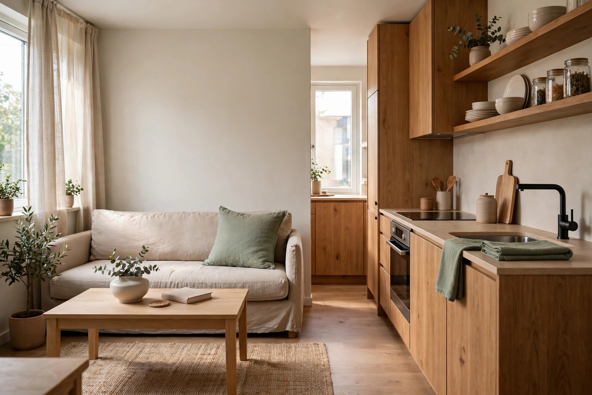 Beige sofa with a sage cushion beside a wood kitchen counter with a sage towel