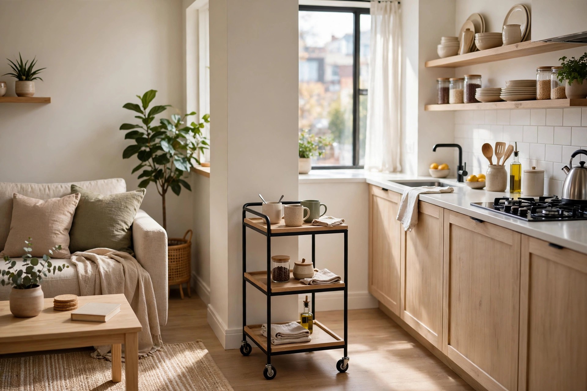Small rolling cart with coffee mugs parked between a sofa and an open kitchen
