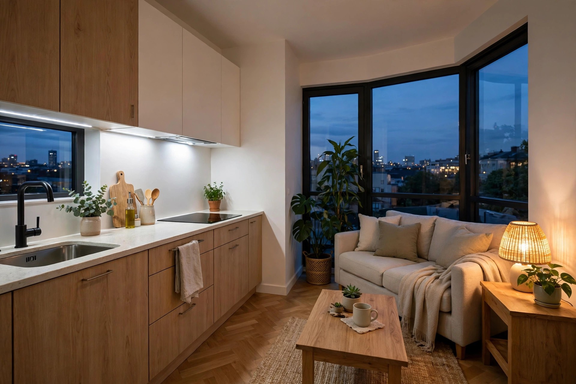 Bright kitchen task lighting beside a sofa lit by a warm lamp at dusk