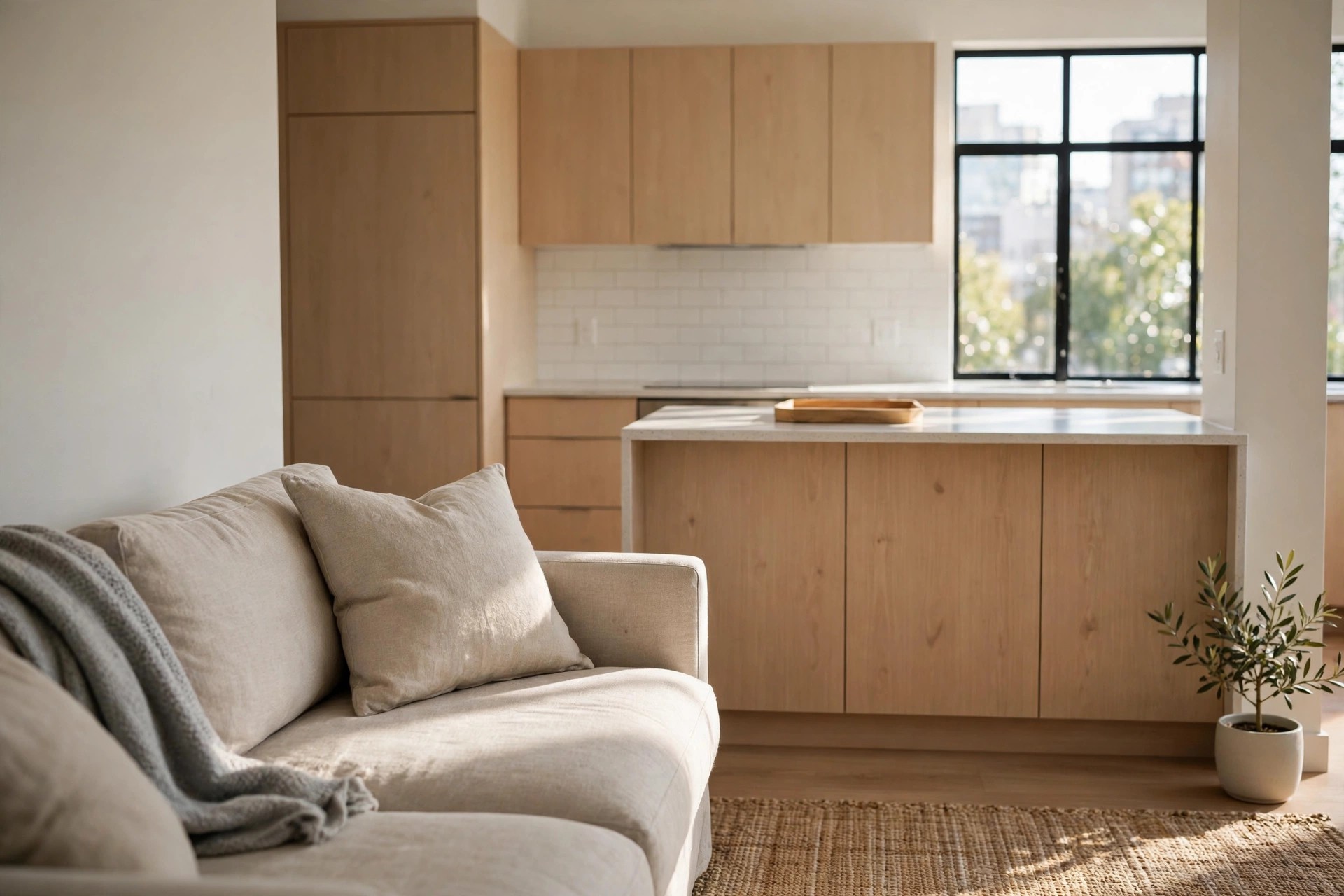 Beige sofa facing a clear kitchen counter with one wooden tray and closed wood cupboards