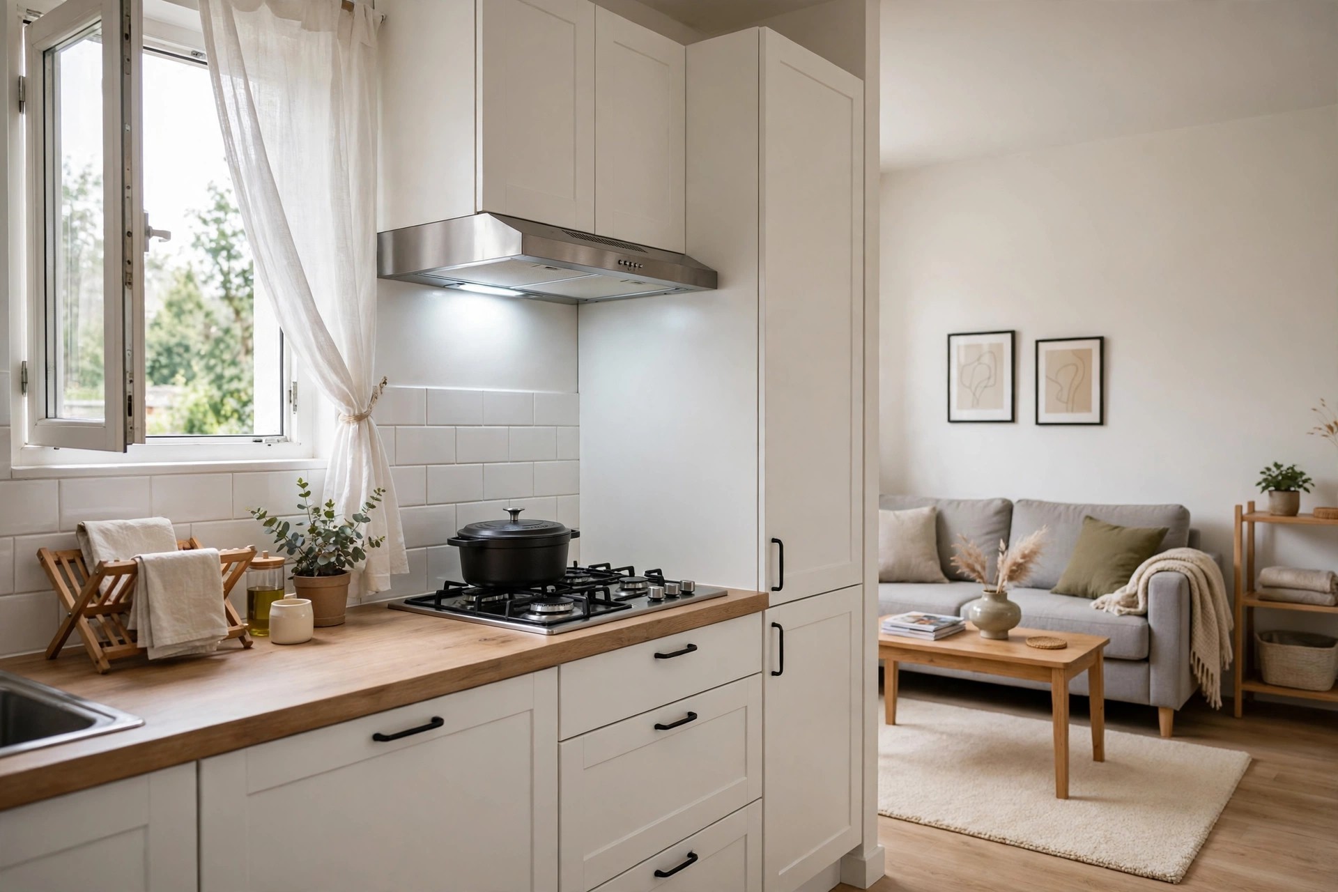 Lidded pot on a stove under a range hood beside an open window, with a sofa beyond
