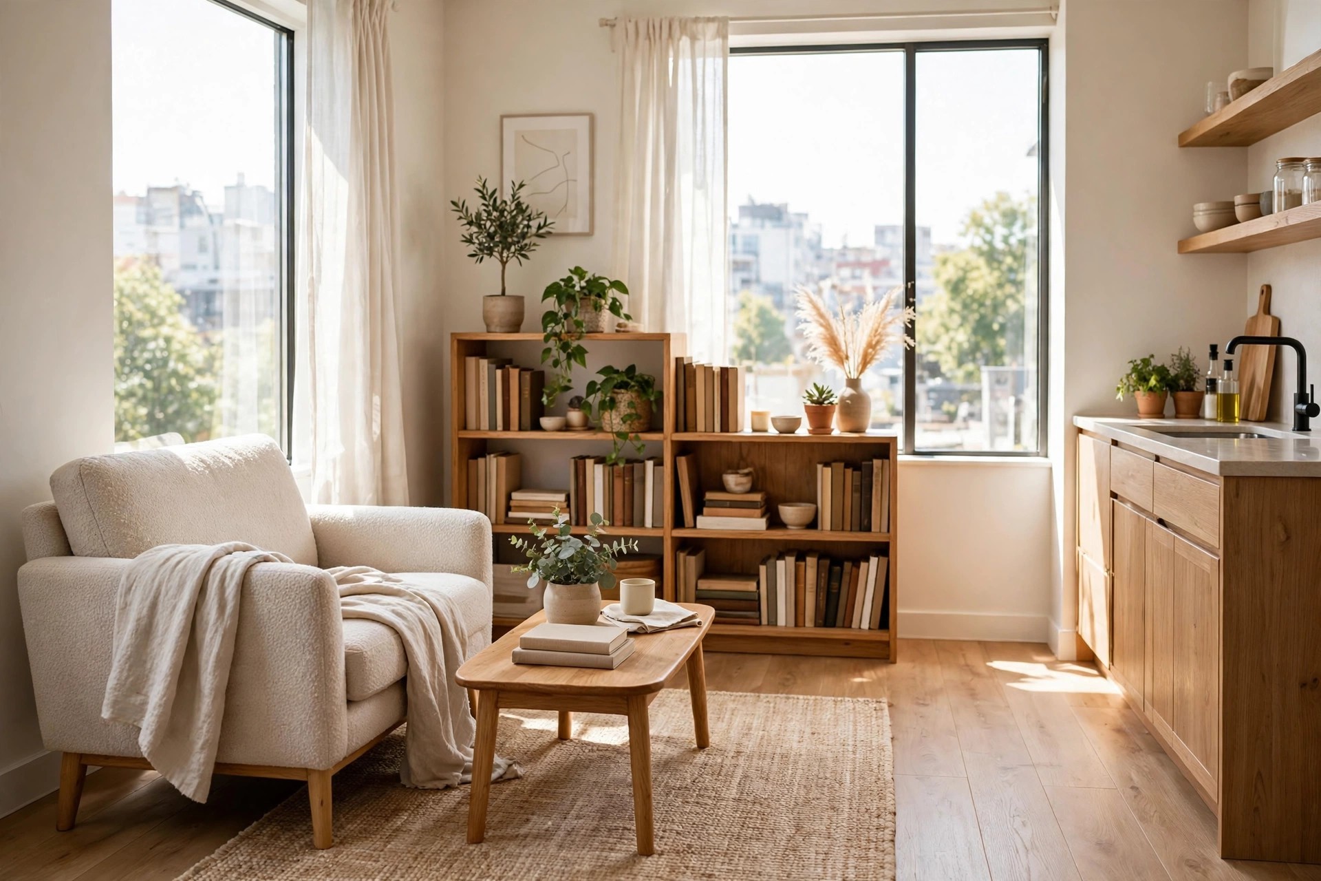 Cream armchair angled toward a window and bookshelf with a kitchen counter at the edge of view