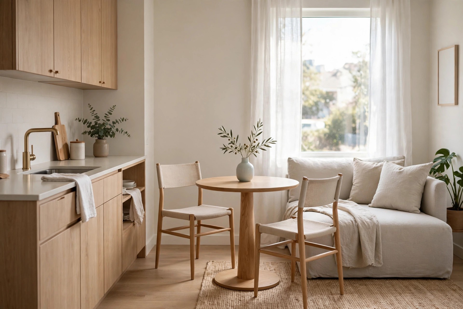 Small round pedestal table with two light chairs between a kitchen counter and a sofa