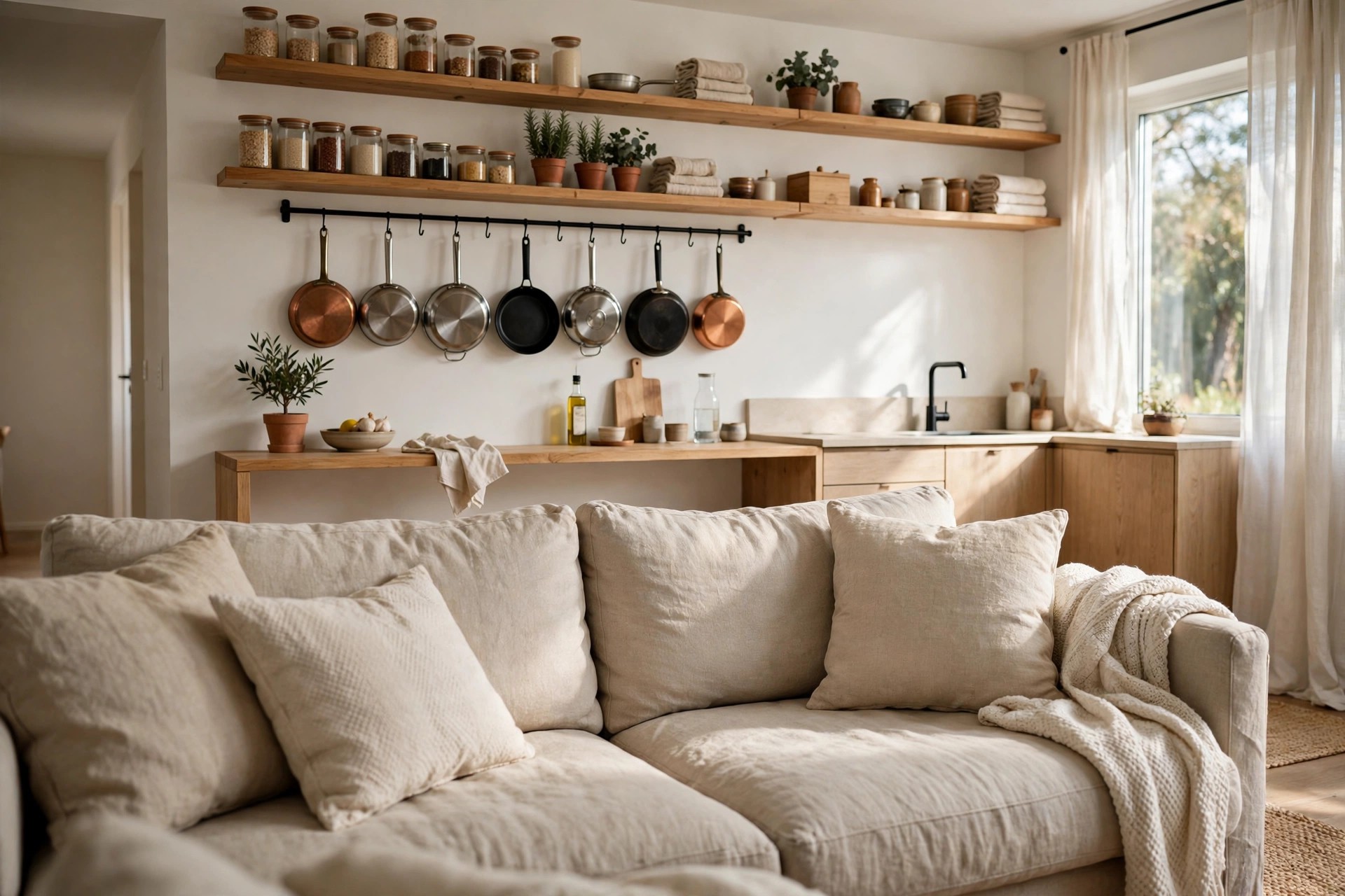 High wooden shelves and a rail of hanging pans on a kitchen wall behind a beige sofa