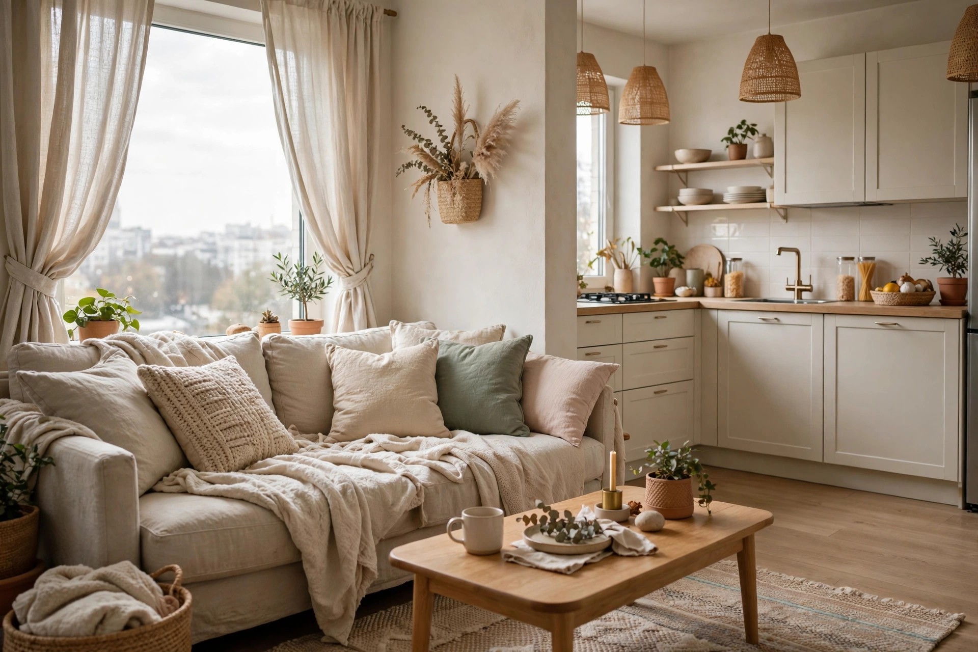 Sofa with many soft cushions and a throw beside fabric curtains and a rug, with a kitchen beyond