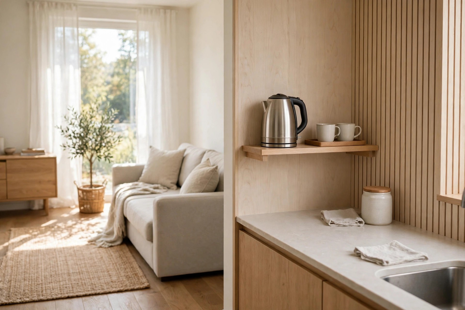 Small shelf with a kettle and two plain mugs on a tray at a kitchen edge beside a sofa