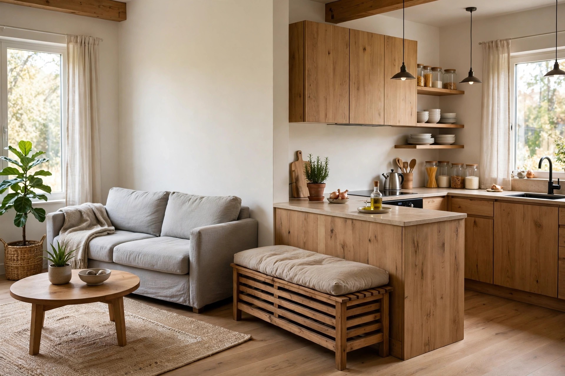 Wooden bench with a cushion beside a kitchen peninsula near a grey sofa