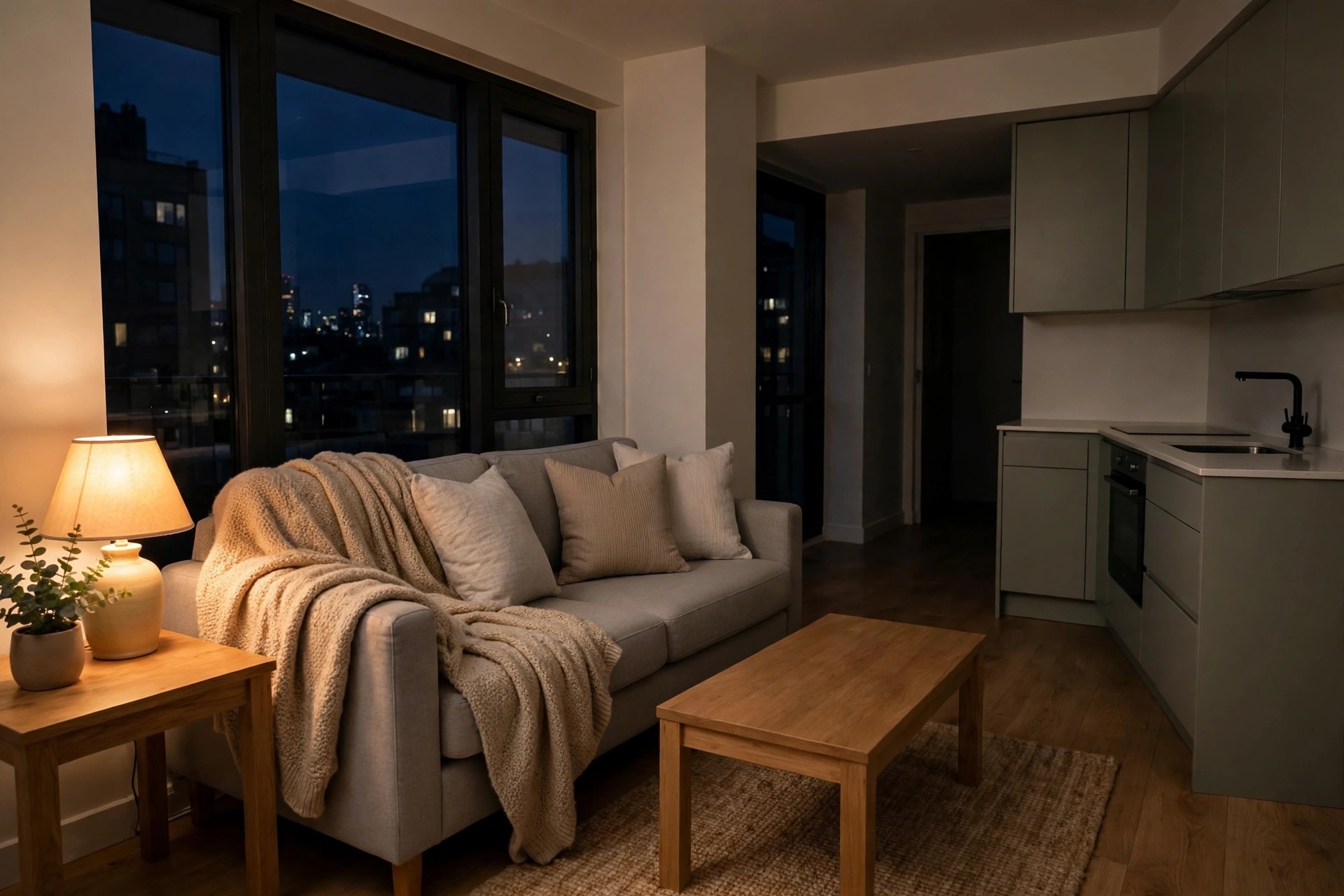 Sofa with a throw lit by one warm lamp at night beside a dark, clear kitchen