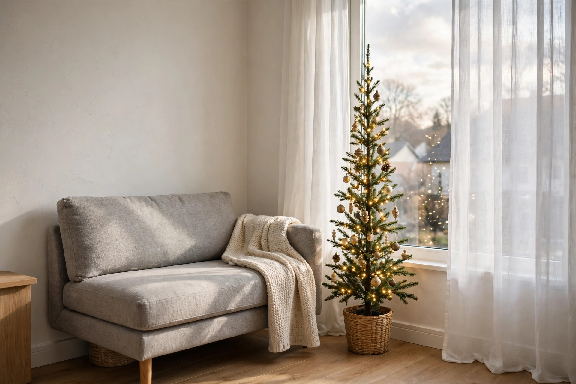 Very slim pencil Christmas tree with warm lights in a woven basket beside a grey sofa and a large window