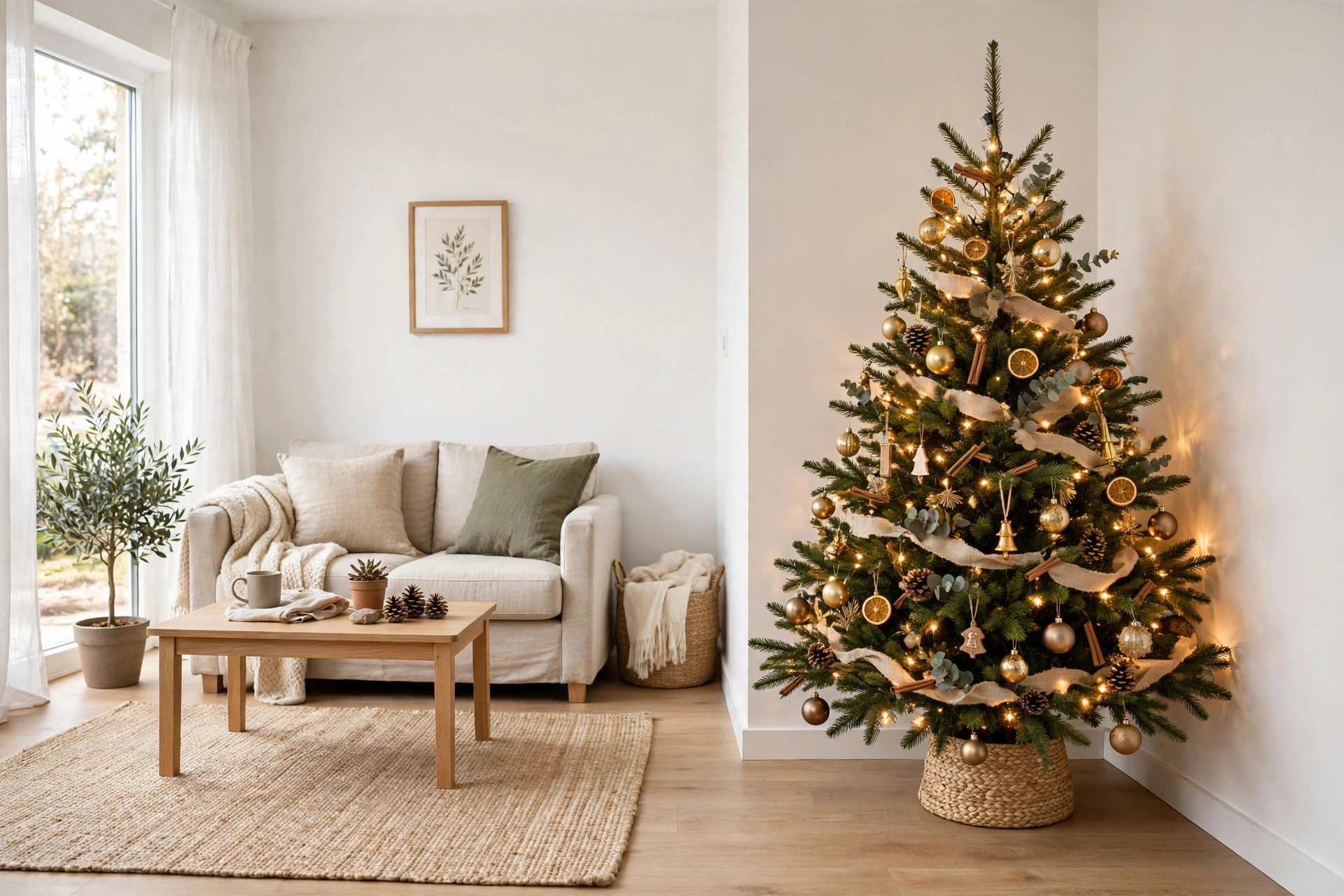 Full Christmas tree with gold ornaments and ribbon standing flush in the corner of a small living room
