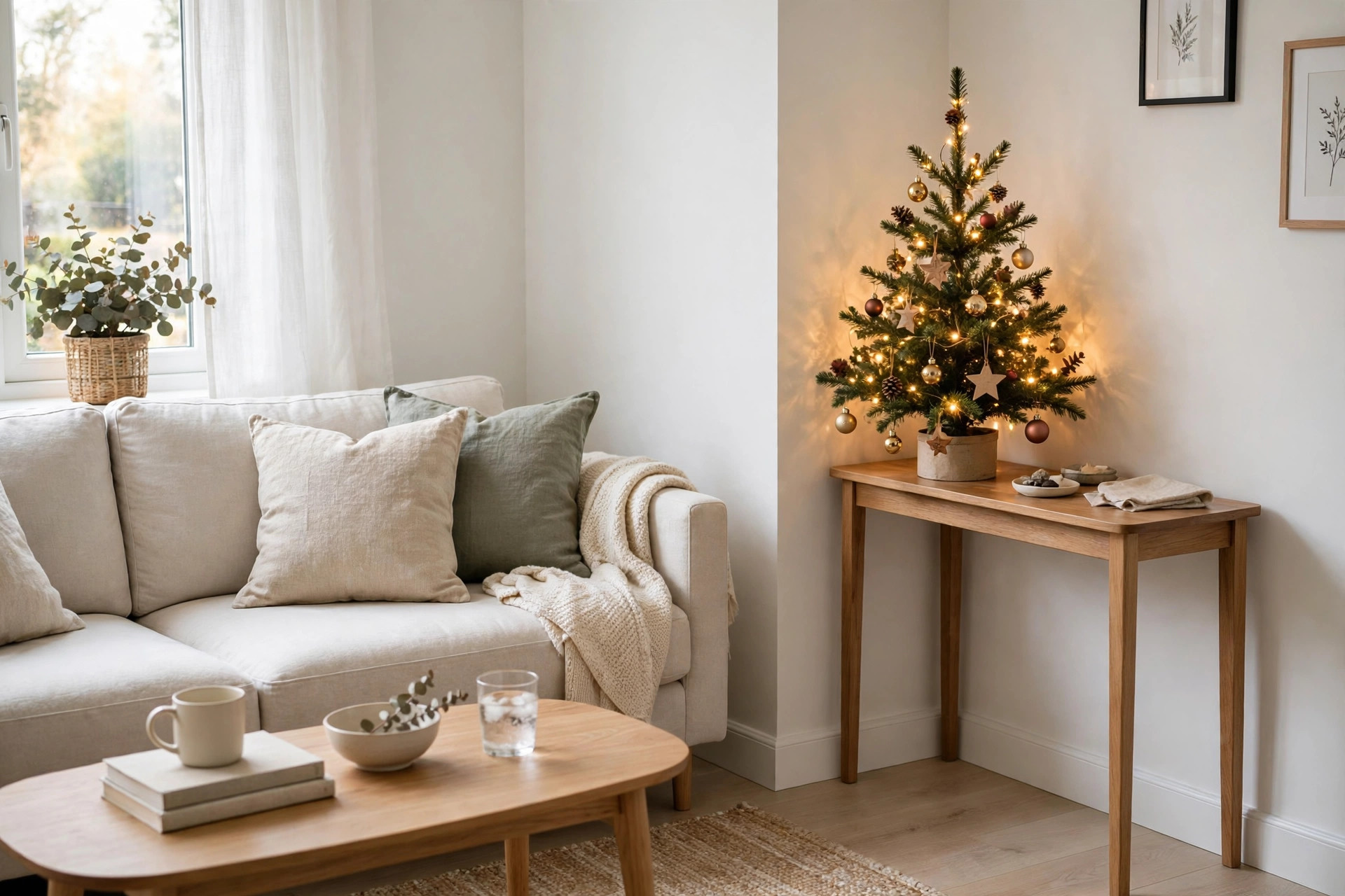 Small Christmas tree with warm lights and star ornaments standing on a wooden console table beside a sofa