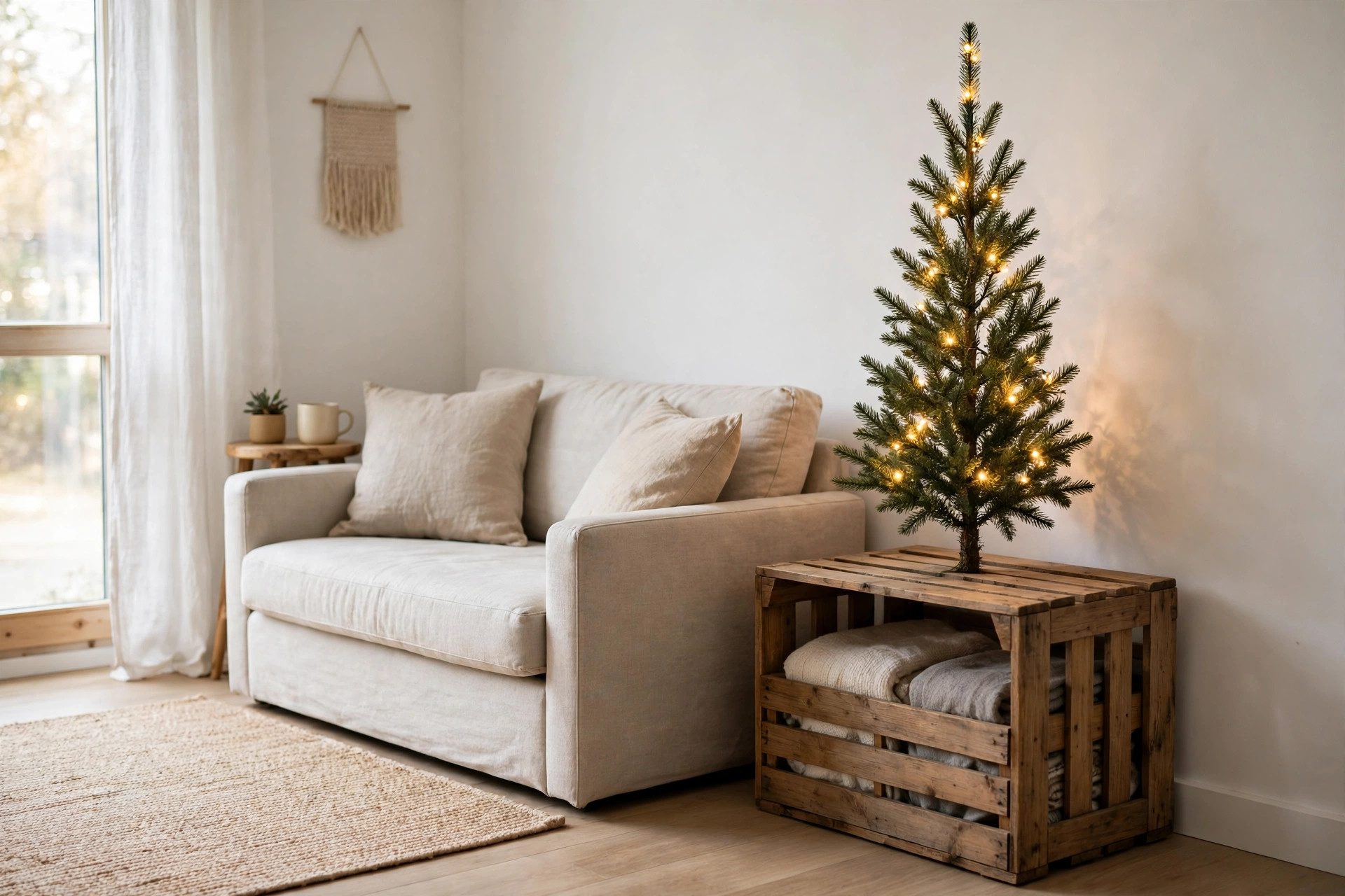 Small lit Christmas tree standing on a wooden crate holding folded blankets beside a beige sofa