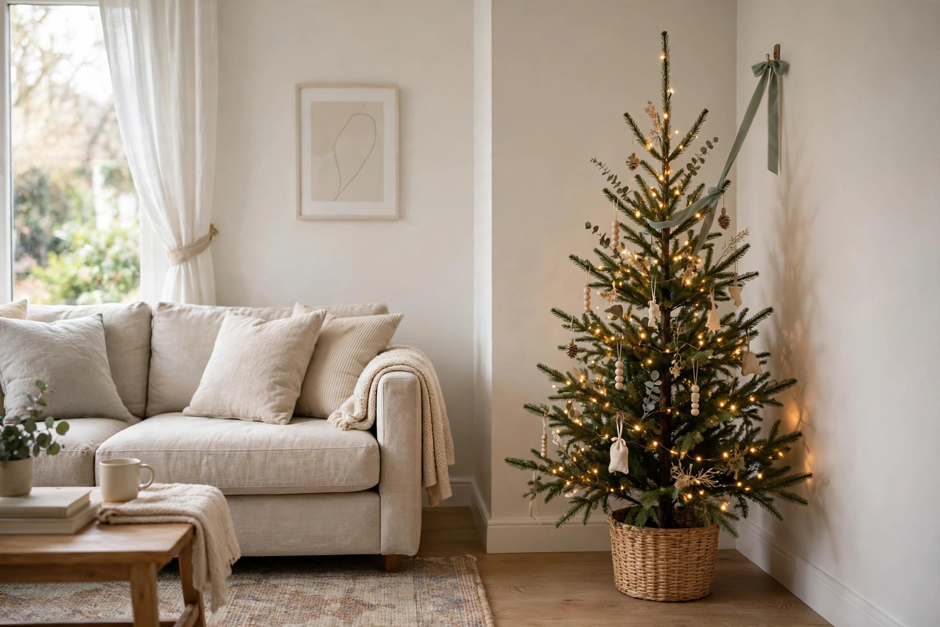 Slim Christmas tree in a corner tied with a ribbon to a wall hook above a woven basket base