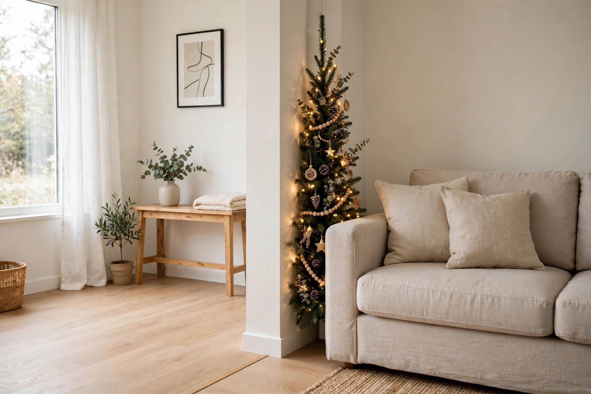 Slim lit Christmas tree tucked into the narrow gap beside the arm of a beige sofa