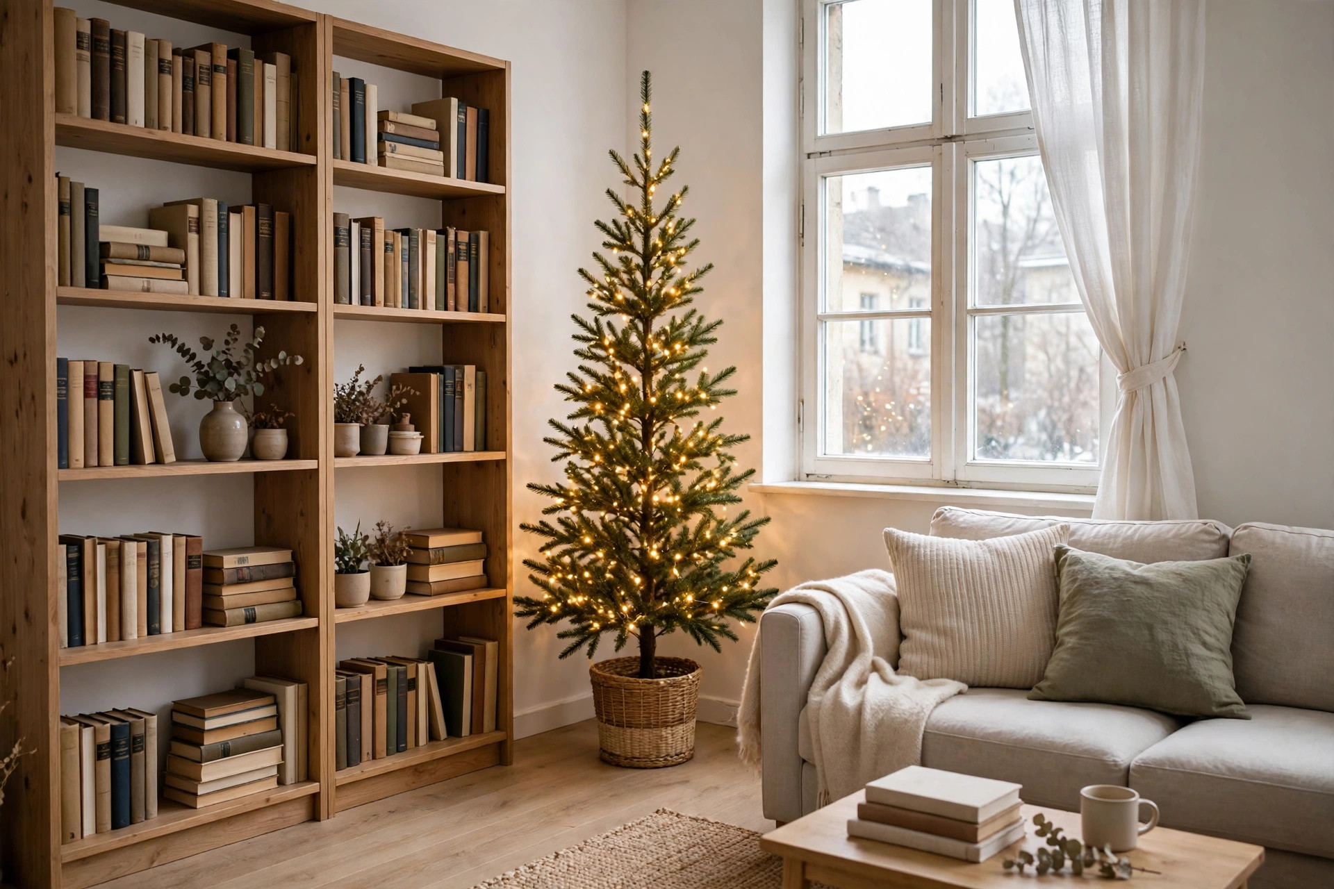 Slim Christmas tree with warm lights standing between a wooden bookshelf and a tall window