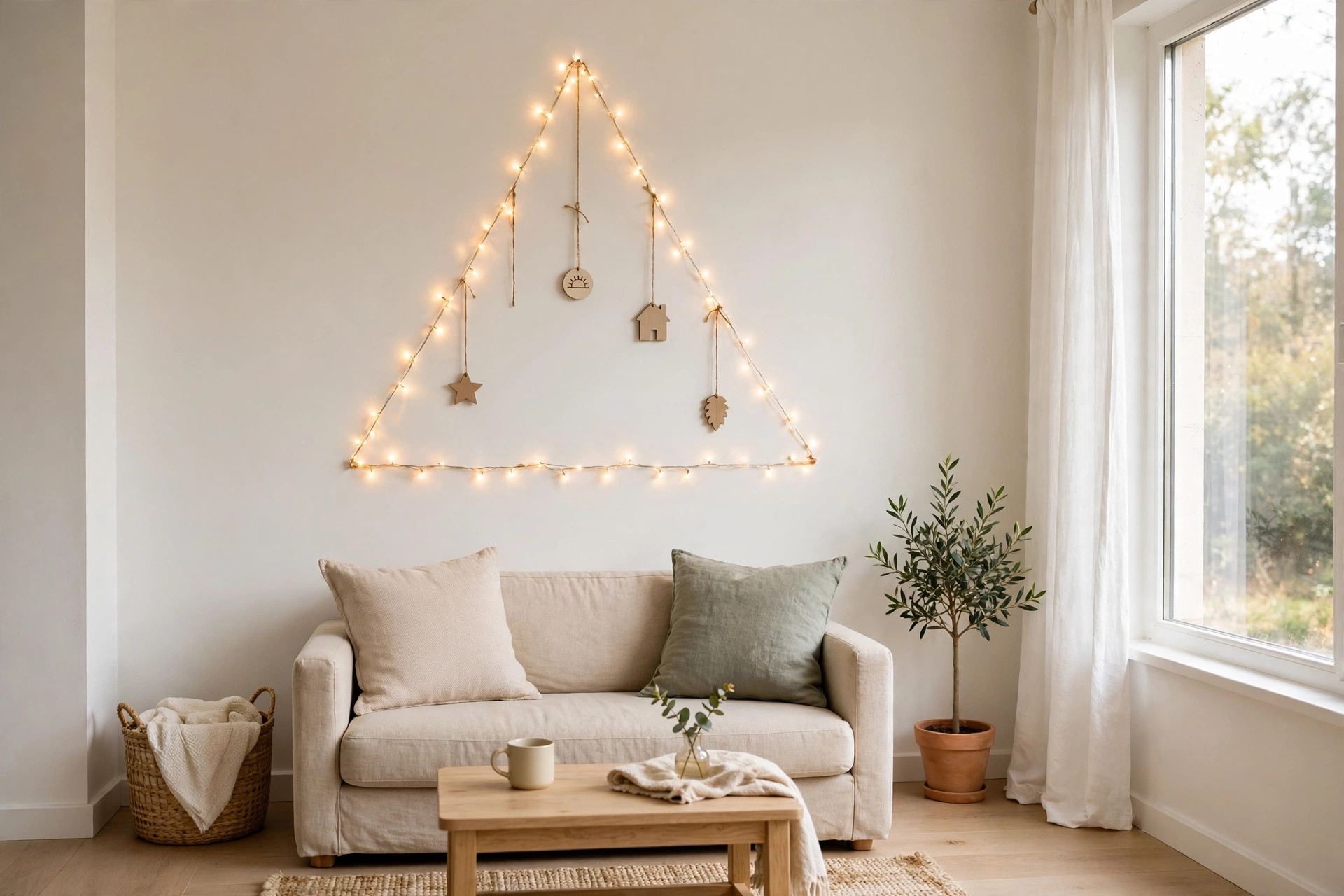 Triangle of warm fairy lights with small hanging ornaments on a living room wall above a sofa