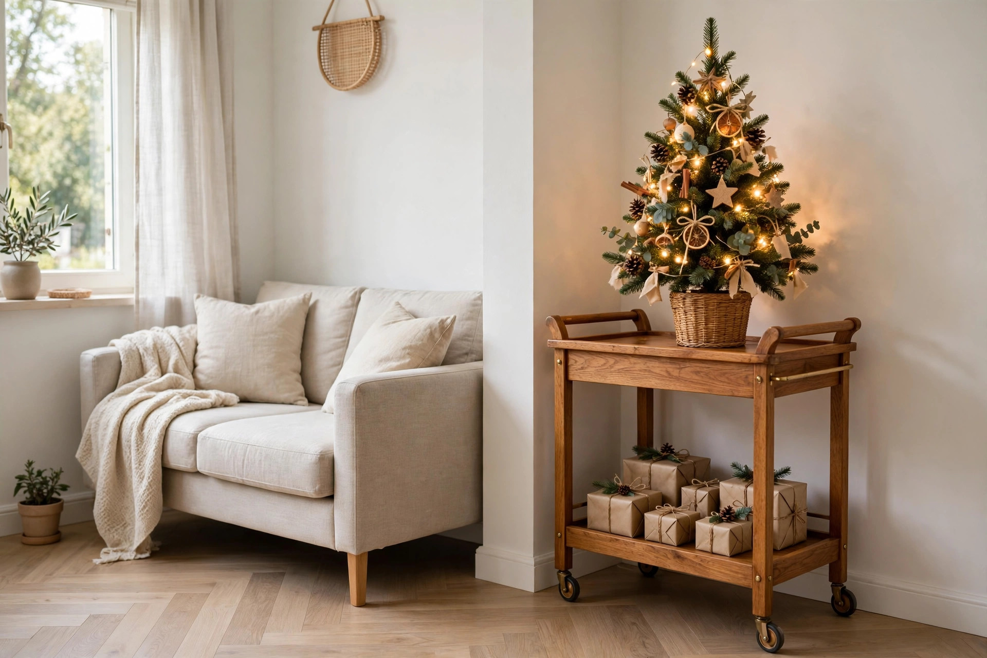 Small decorated Christmas tree on a wooden rolling cart with wrapped gifts on the lower shelf