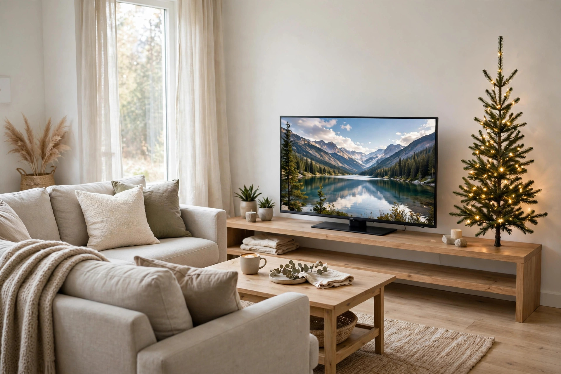 Slim lit Christmas tree standing at the end of a long wooden TV stand beside a television