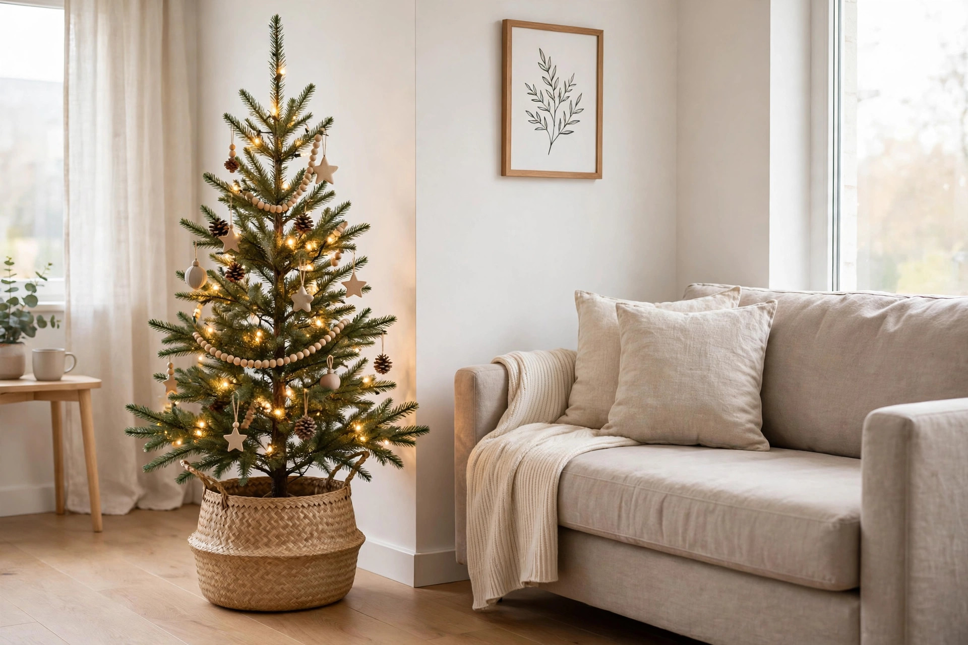 Slim Christmas tree with star and bead ornaments standing in a large woven basket beside a sofa