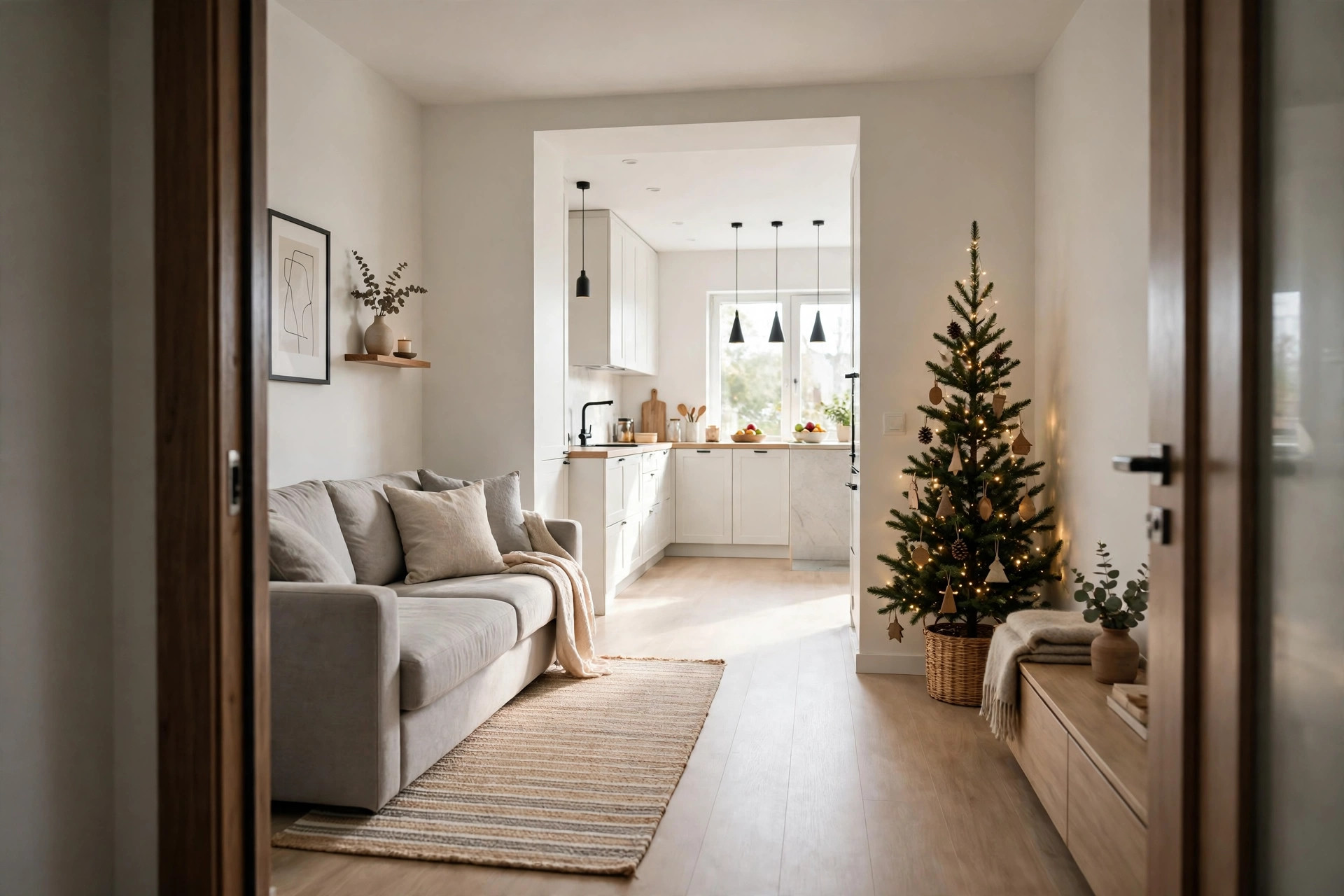 Small living room seen from the doorway with a slim tree in a corner and a clear walkway to the kitchen