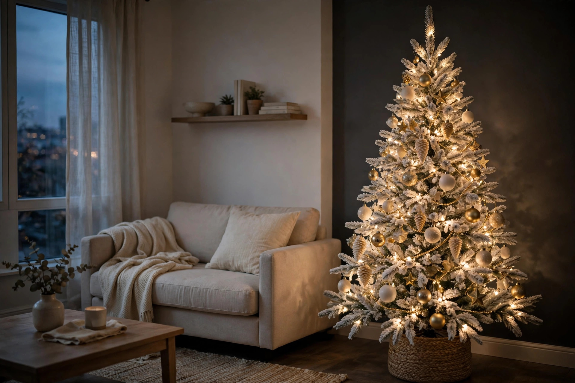 Flocked Christmas tree with gold and cream ornaments glowing in a dark corner beside a sofa