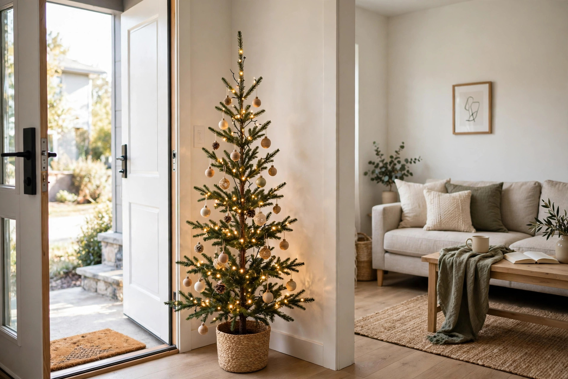 Slim Christmas tree with cream ornaments standing in the corner just inside an open front door