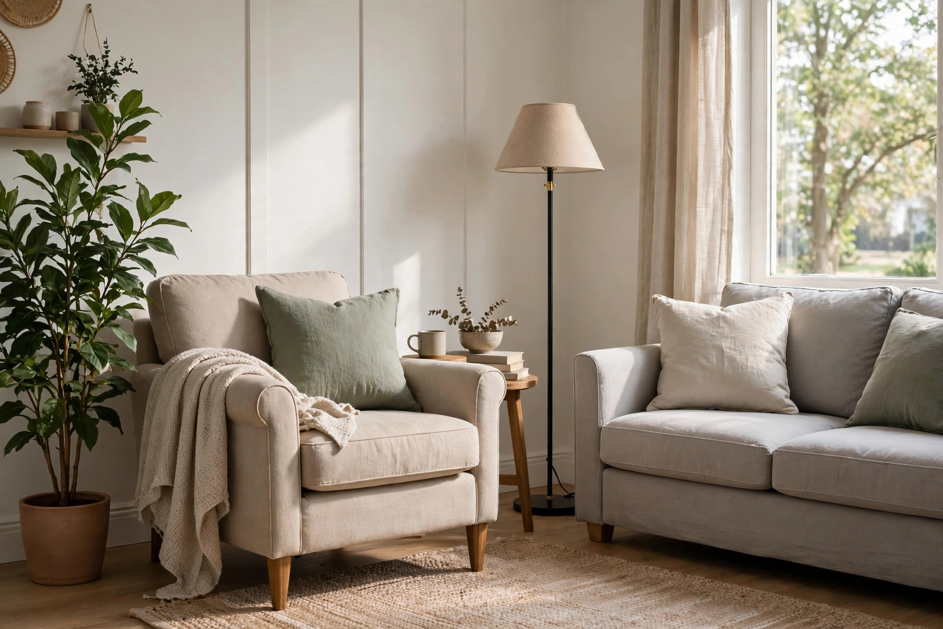 Tidy living room corner with an armchair, a tall potted plant and a floor lamp beside a sofa