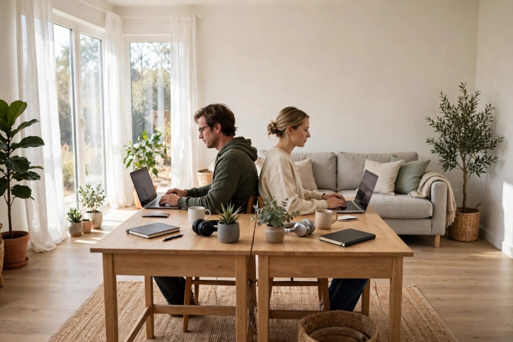 A man and a woman sitting back to back at two wooden desks with laptops, with a grey sofa behind them
