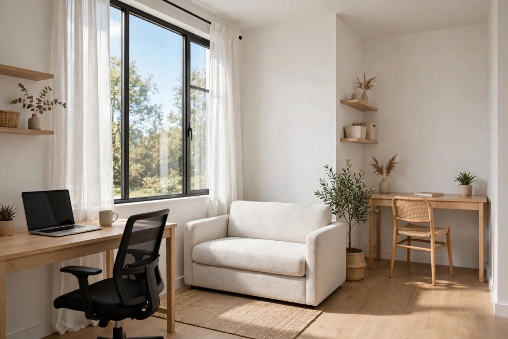 A desk with a laptop by a large window and a second desk in a far corner, with a white sofa between them