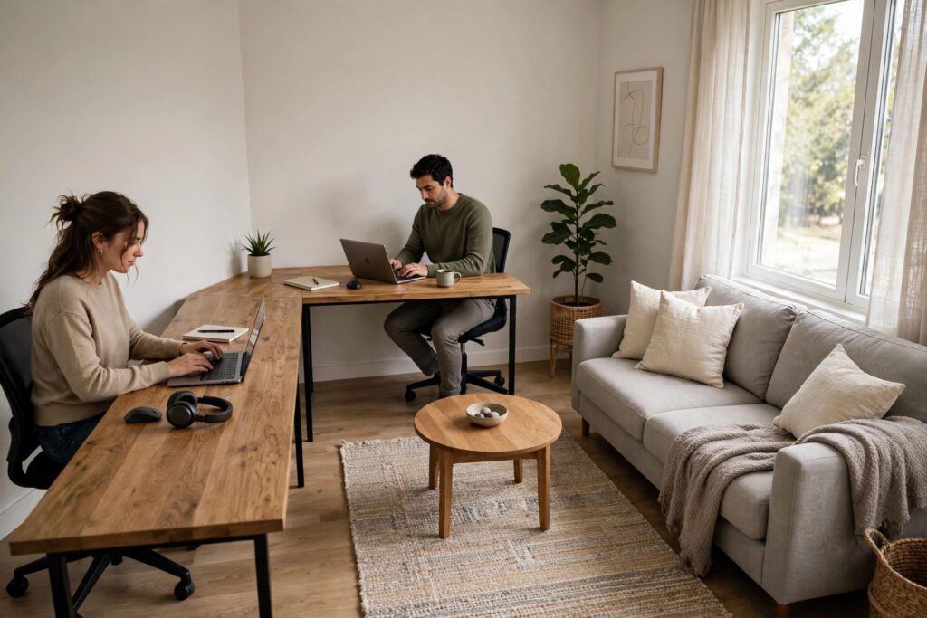 An L-shaped wooden corner desk with two people working on laptops, and a grey sofa nearby