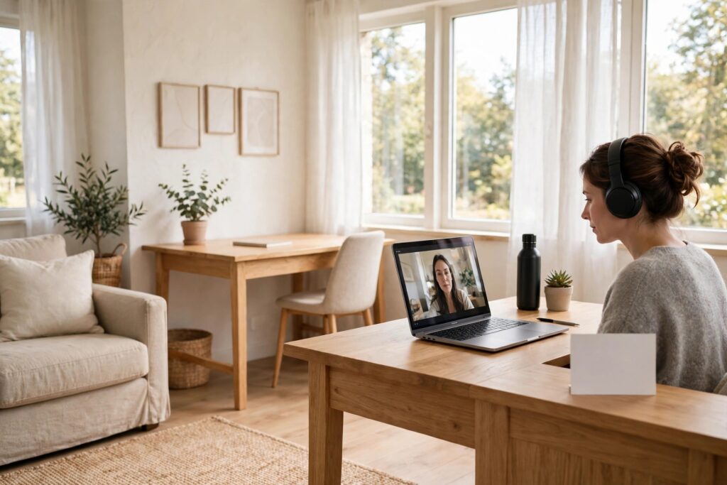 A woman wearing headphones on a video call at a wooden desk, with a small blank sign and a second desk behind