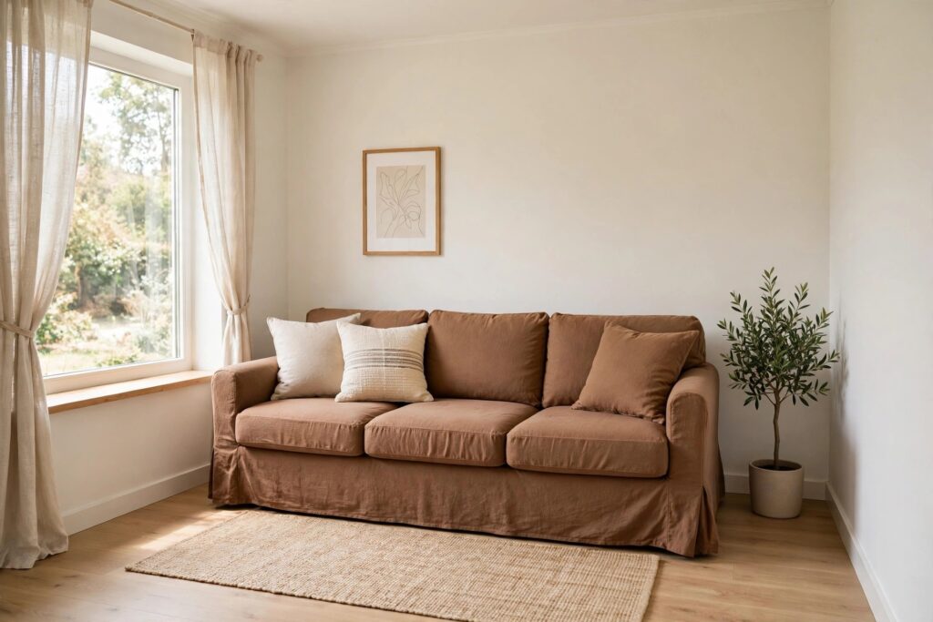 Brown slipcovered sofa with cream pillows beside a window and a woven rug on a wood floor