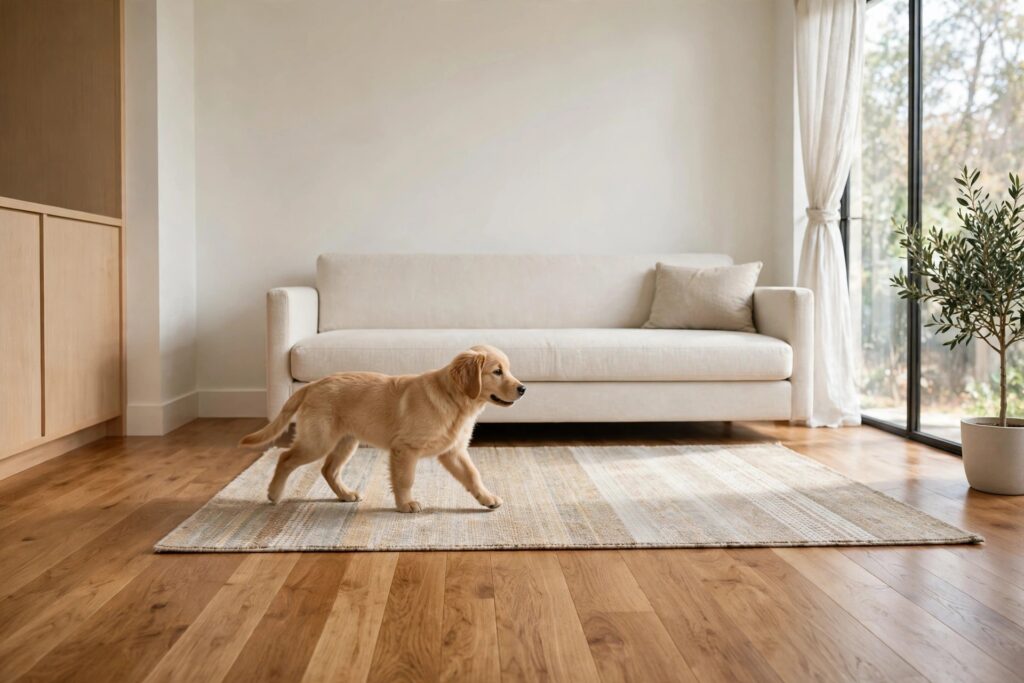Golden dog walking across a light rug laid over a wood floor in front of a pale sofa