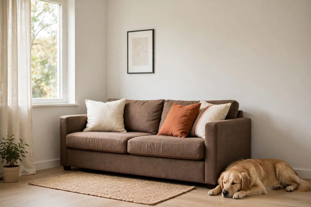 Brown sofa with cream and rust pillows and a golden dog lying on the floor beside it
