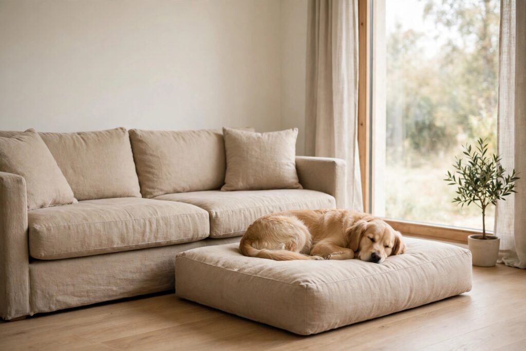 Golden dog sleeping on a beige ottoman dog bed in front of a beige sofa by a large window