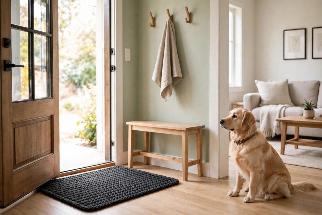 Dark woven mat inside a front door with a towel on a wall hook and a golden dog sitting nearby