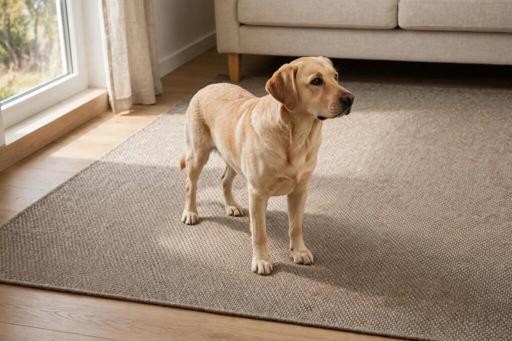 Light brown dog standing on a flat weave low pile rug in a small living room